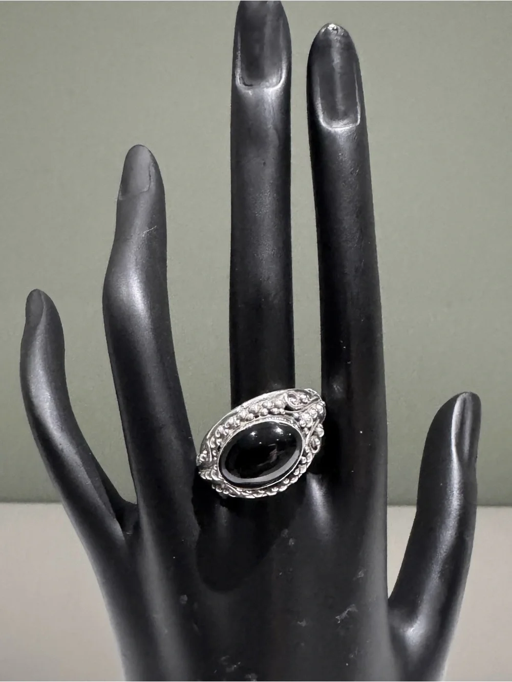 Vintage Balinese Black Onyx Cabochon Sterling Silver Ring